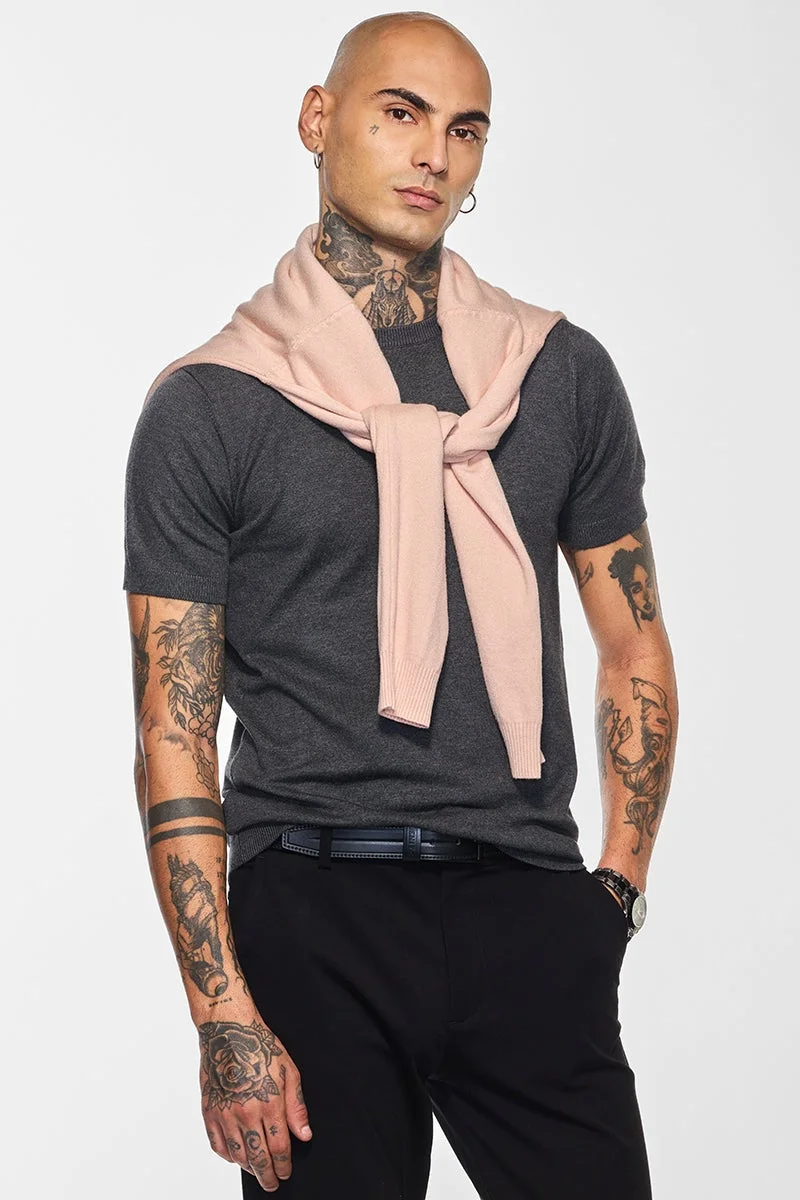 SNITCH Core Lab Grey Flat Knit Slim Fit T-Shirt